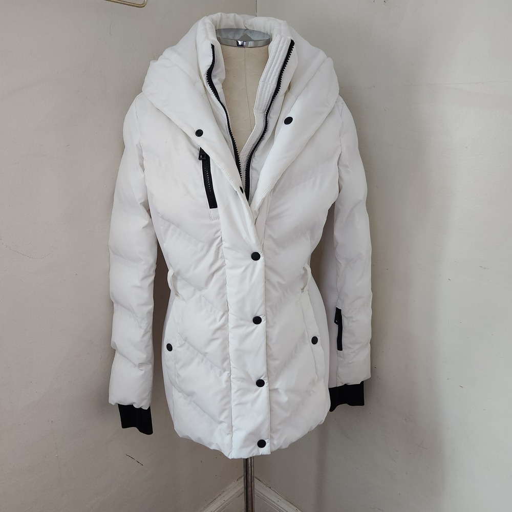 Michael Kors Womens White Quilted Puffer Jacket Hooded Zip Front Size S‎